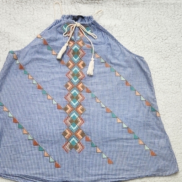 Striped Embroidered Tank Top with Tassel Tie Bohemian 100%Cotton Large - Picture 2 of 11